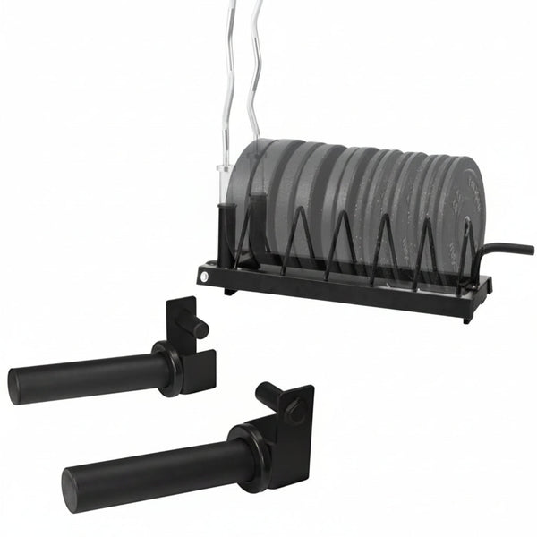Metal Horizontal Olympic Weight Plate & Barbell Rack + Weight Plate Holder Attachment 2X2