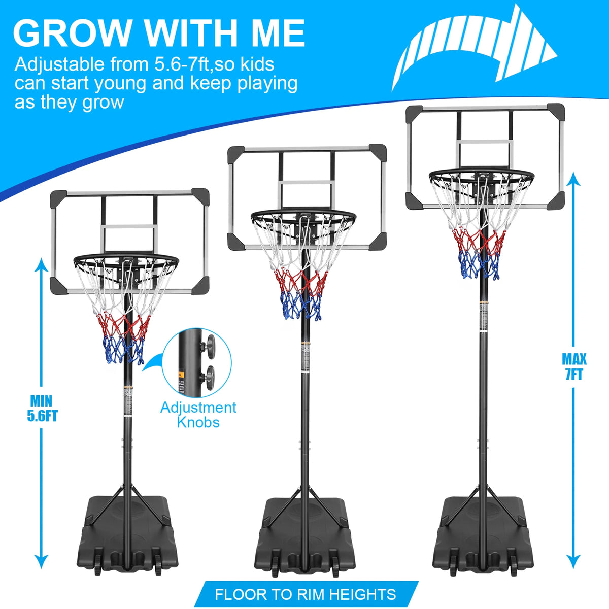 Portable Basketball Hoop,Outdoor Basketball Hoop Adjustable Height 5.6Ft - 7Ft,28 Inch Backboard with 2 Wheels for Kids Youth in Backyard Driveway,Transparent
