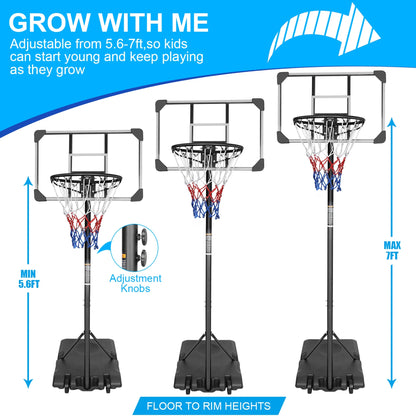 Portable Basketball Hoop,Outdoor Basketball Hoop Adjustable Height 5.6Ft - 7Ft,28 Inch Backboard with 2 Wheels for Kids Youth in Backyard Driveway,Transparent