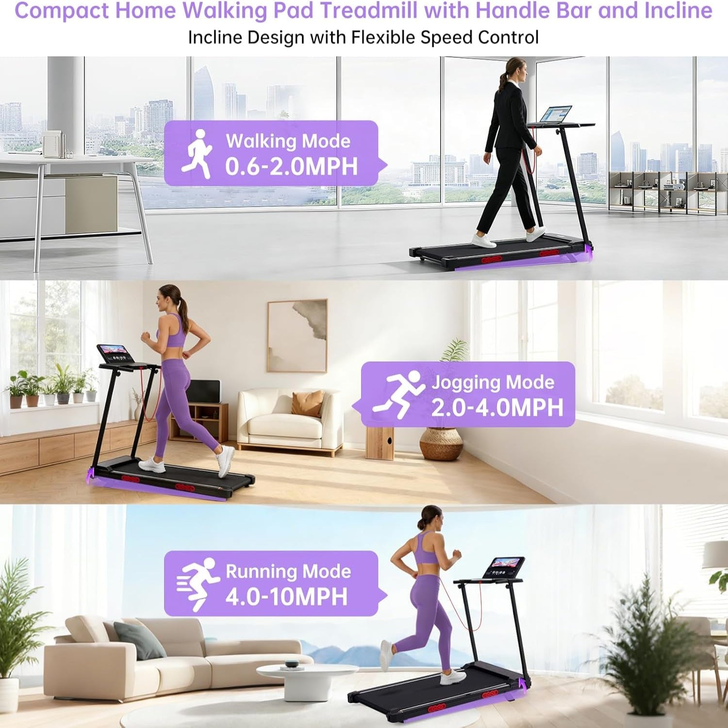 Electric Treadmill for Home Small, 0.6-10MPH Small Walking Pad Treadmill with Handle Bar and Incline, 3.5HP Portable Mini Treadmill for Exercising, 400LBS Compact Treadmill with Incline