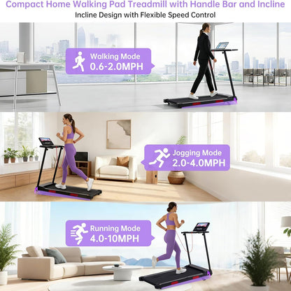 Electric Treadmill for Home Small, 0.6-10MPH Small Walking Pad Treadmill with Handle Bar and Incline, 3.5HP Portable Mini Treadmill for Exercising, 400LBS Compact Treadmill with Incline