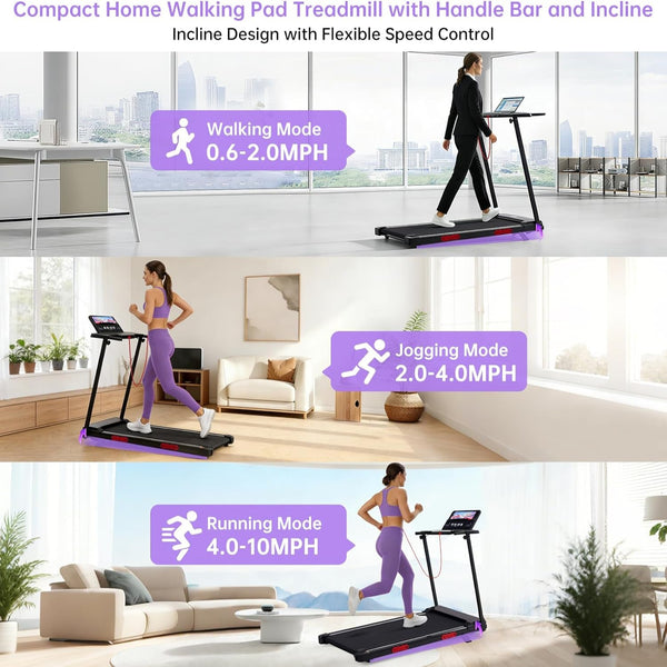 Electric Treadmill for Home Small, 0.6-10MPH Small Walking Pad Treadmill with Handle Bar and Incline, 3.5HP Portable Mini Treadmill for Exercising, 400LBS Compact Treadmill with Incline